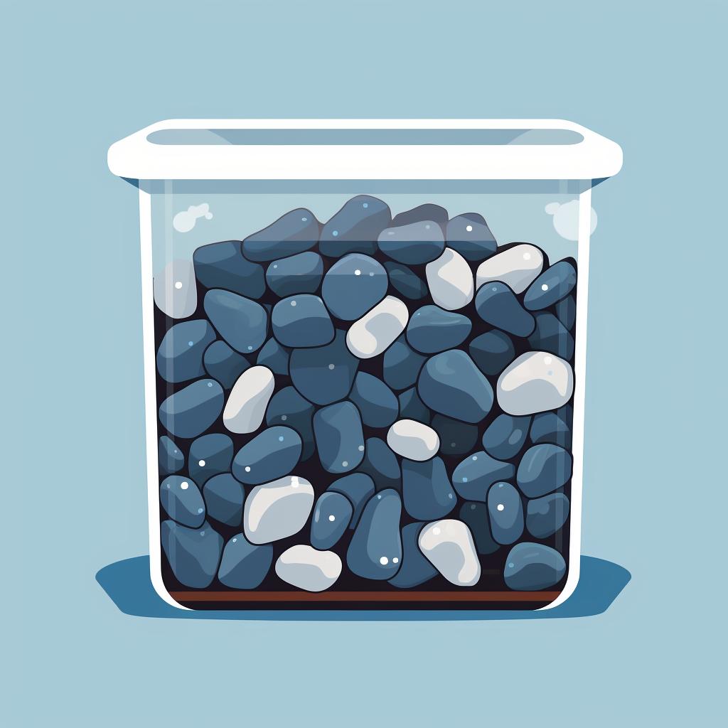Container filled with rocks, coarse grit, and water