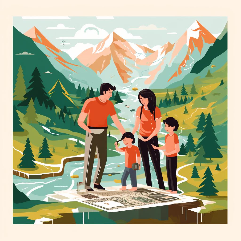 A family planning their rock hunting adventure on a map