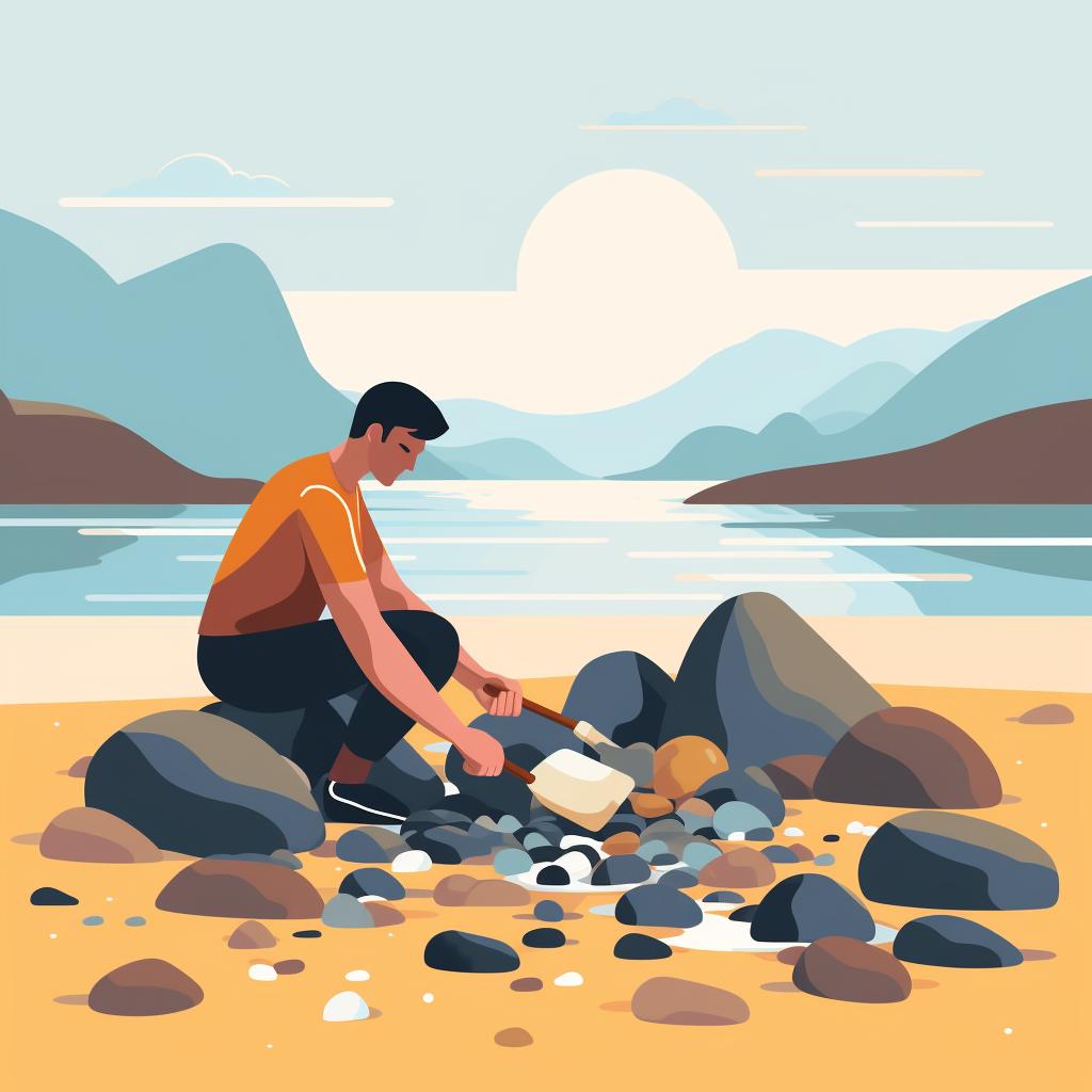 A person cleaning beach rocks with a brush and soapy water