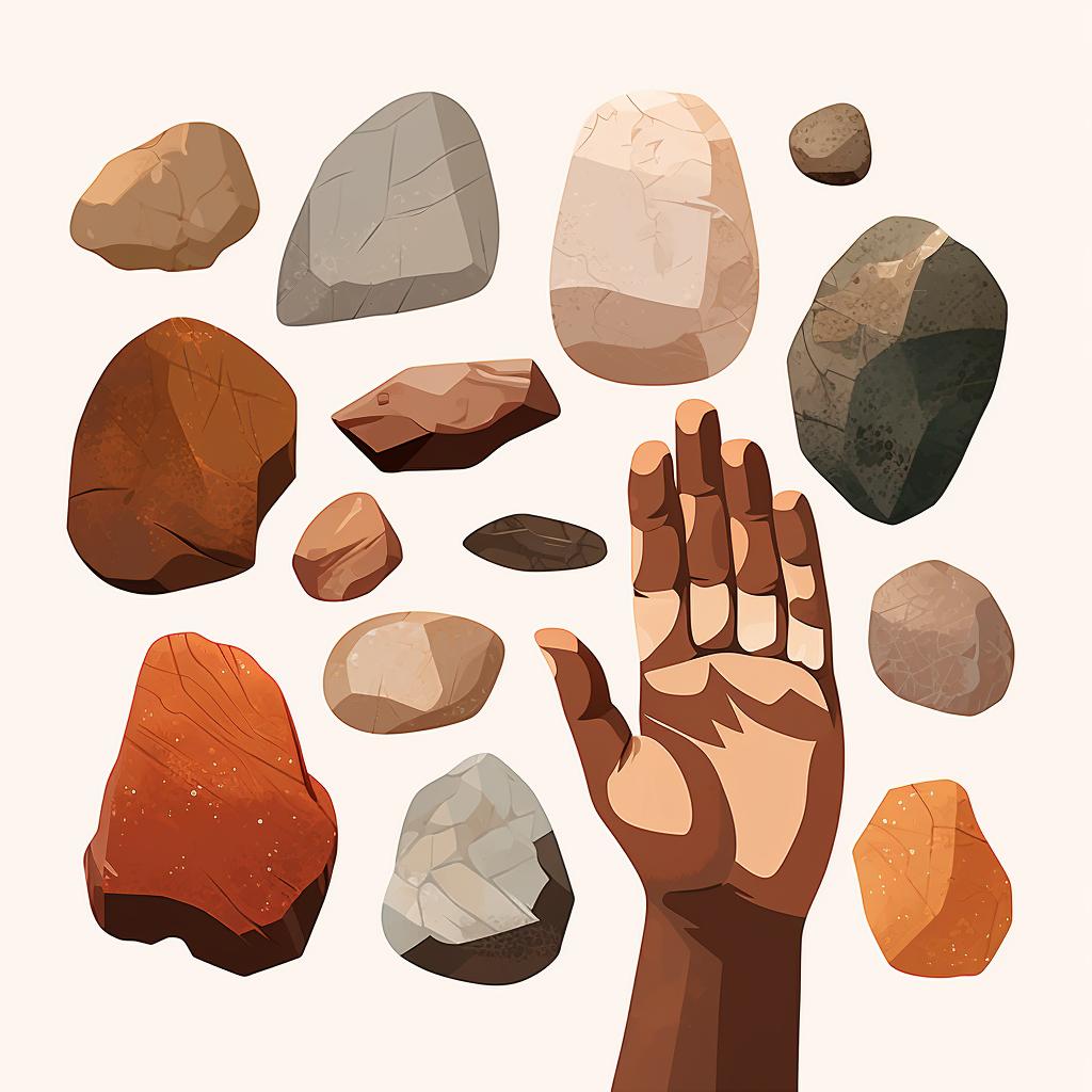 Various rocks of similar size and rounded shape on a hand.