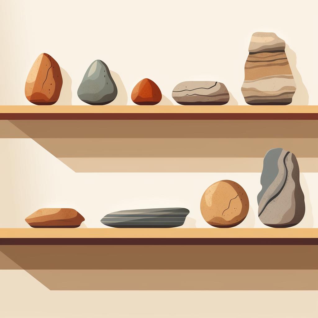 Dried, polished beach rocks displayed on a shelf