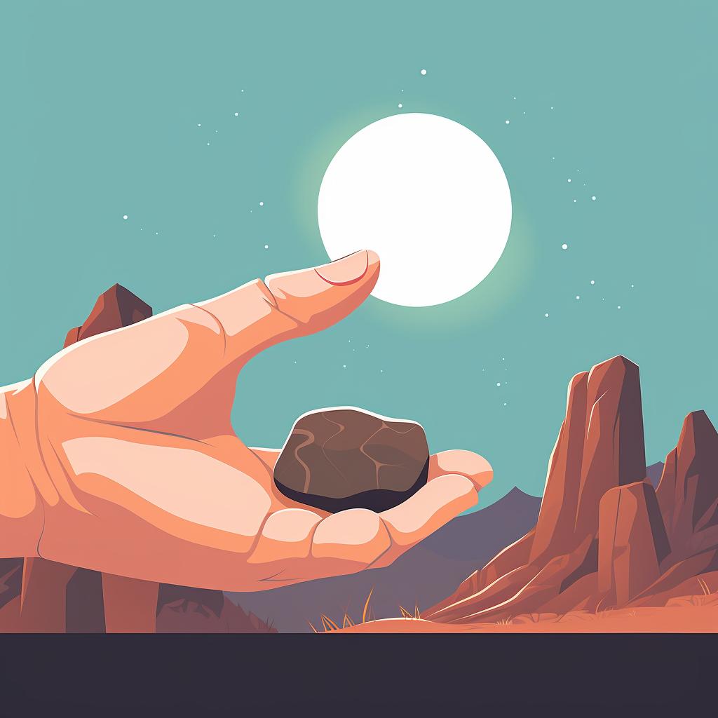 A hand holding a penny, attempting to scratch a rock.