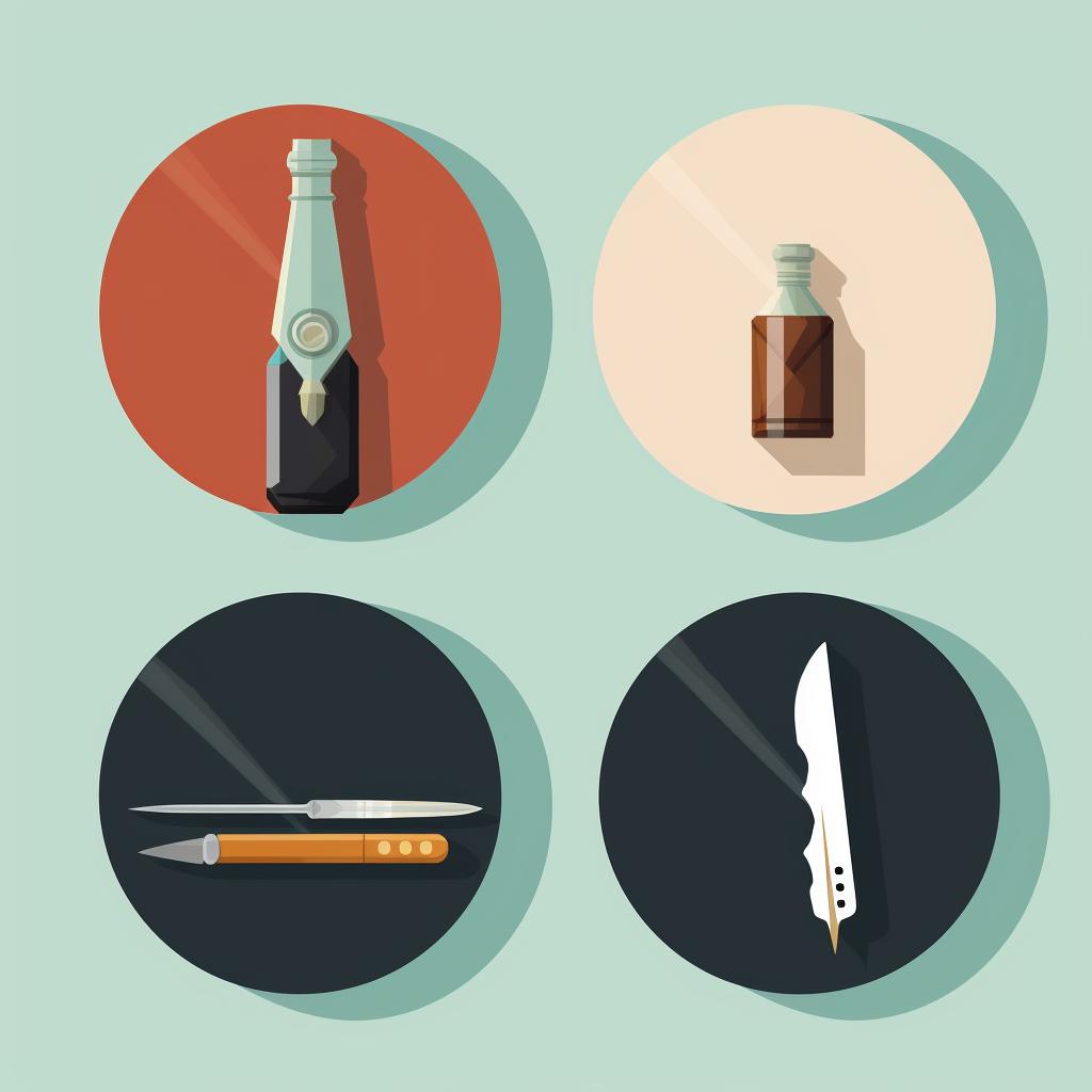 A collection of objects including a fingernail, a penny, a knife, and a piece of glass.