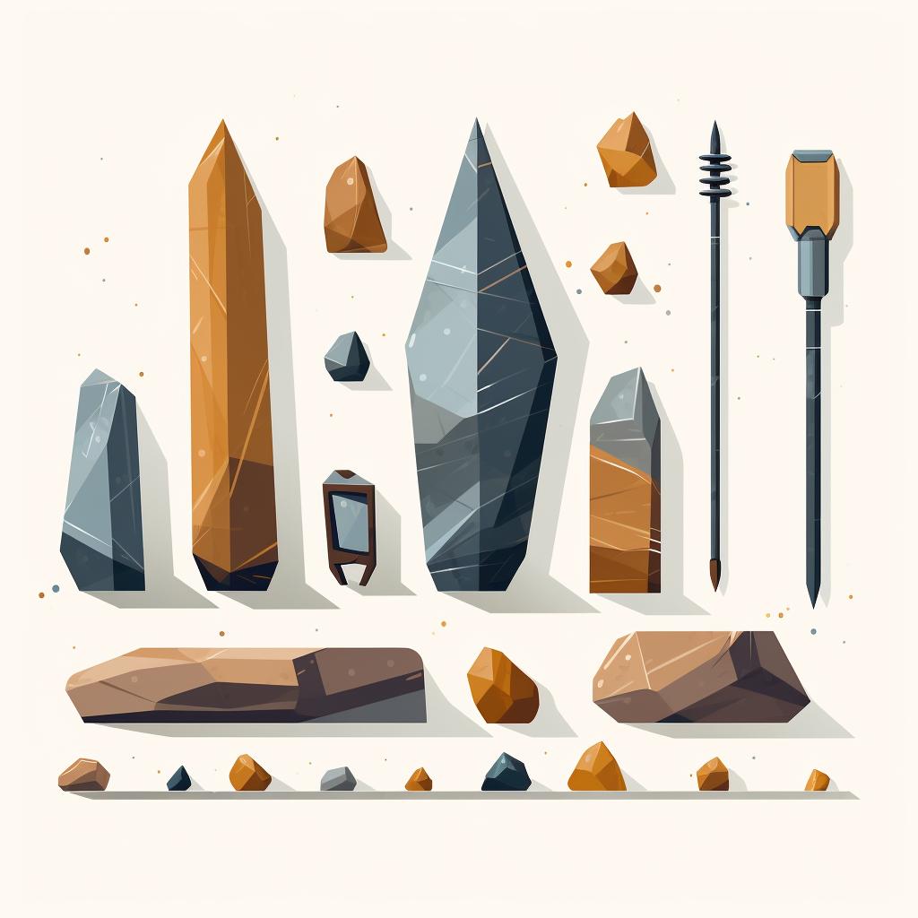 Several objects lined up in order of hardness, with a rock at one end.